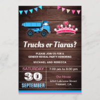 Trucks or Tiaras Gender Reveal Party Invitation