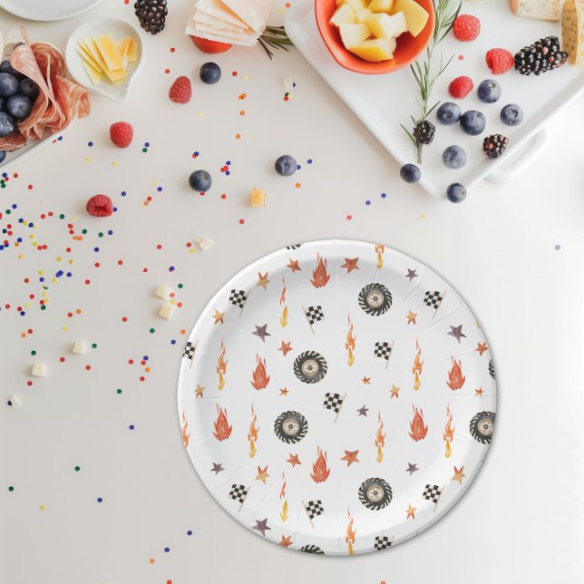 Trucks Racing Checkers Modern Watercolor White Paper Plates (Creator Uploaded)