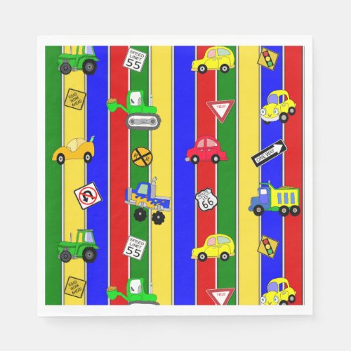 Trucks Tractors Cars and Traffic Signs Birthday Napkins