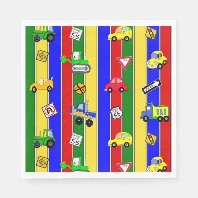 Trucks, Tractors, Cars and Traffic Signs Birthday Napkins (Front)