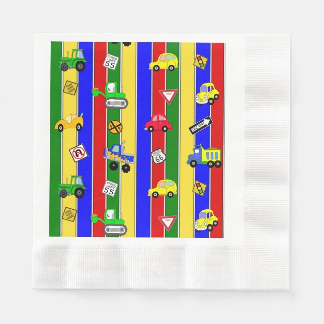 Trucks, Tractors, Cars and Traffic Signs Birthday Napkins (Front)