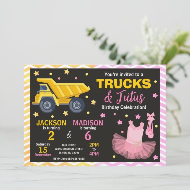 Trucks & Tutus Joint Birthday Invitation (Standing Front)
