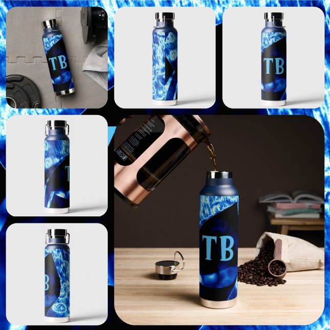 True Blue Edgy Abstract Personalized Initials Water Bottle (Creator Uploaded)