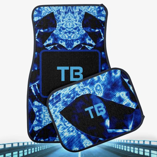True Blue Edgy Abstract with Initials Car Floor Mat