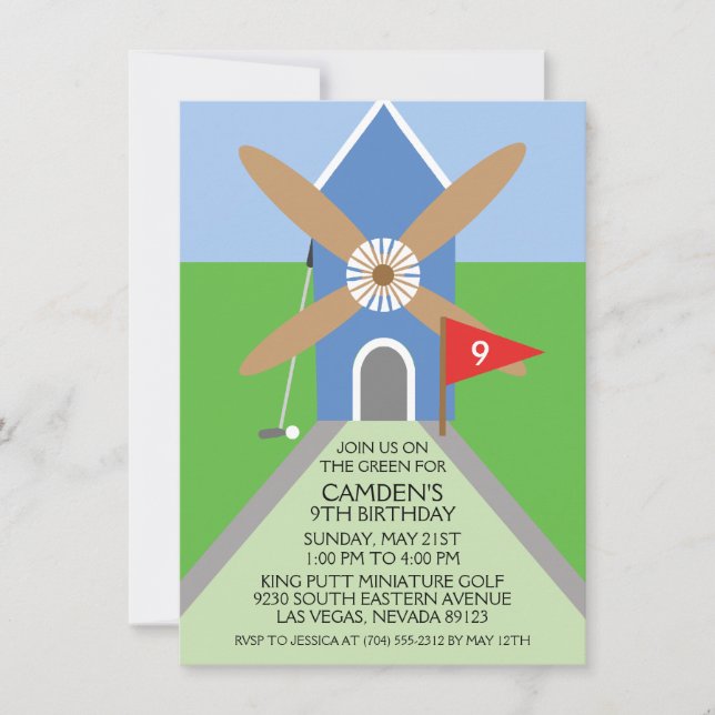 True Blue Miniature Golf Windmill Birthday Party Invitation (Front)