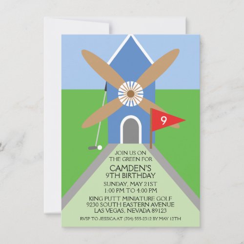 True Blue Miniature Golf Windmill Birthday Party Invitation