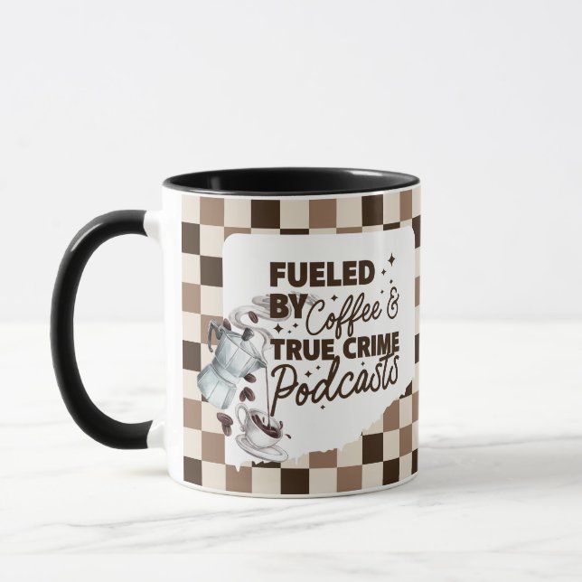 True Crime & Coffee Bold Brown Checkered Mug  (Left)