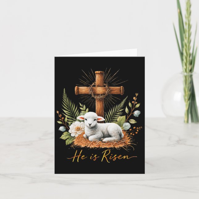 True Easter He Is Risen Lamb Crown Of Thorn Cross  Card (Front)