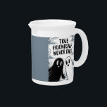 True Friendship Never Dies Ghosts Holding Hands Beverage Pitcher<br><div class="desc">This simple yet touching illustration depicts two ghostly figures, one black and one white, holding hands in a cloudy sky. Their drawn-on facial features add a whimsical touch, while the text "True Friendship Never Dies" floats above them, symbolizing the lasting bond of friendship even after death. The minimalistic design conveys...</div>