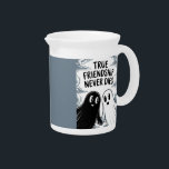 True Friendship Never Dies Ghosts Holding Hands Beverage Pitcher<br><div class="desc">This simple yet touching illustration depicts two ghostly figures, one black and one white, holding hands in a cloudy sky. Their drawn-on facial features add a whimsical touch, while the text "True Friendship Never Dies" floats above them, symbolizing the lasting bond of friendship even after death. The minimalistic design conveys...</div>