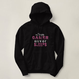 True Gamer Never Sleeps Pink Typography Gamer Hoodie