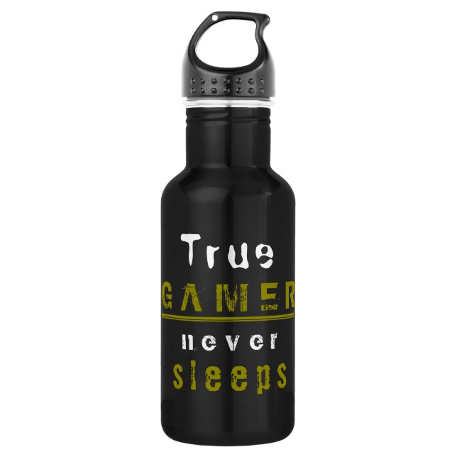 True Gamer never Sleeps Typography Black Gamer Stainless Steel Water Bottle (Front)