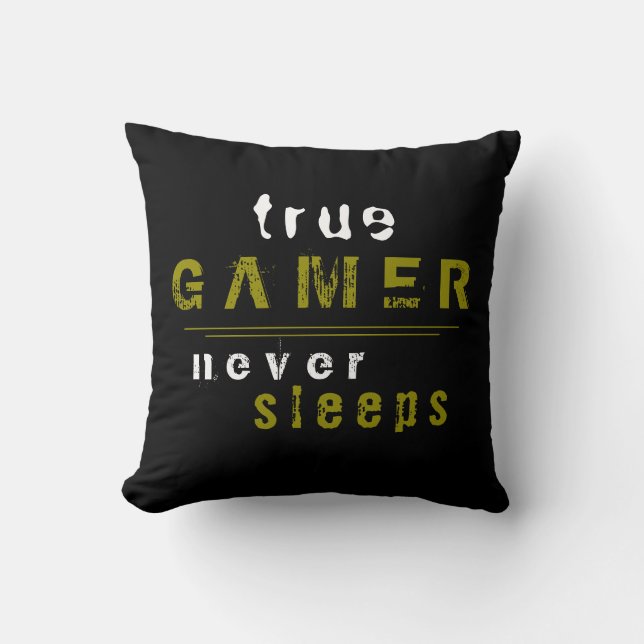 True Gamer never Sleeps Typography Black Gamer Throw Pillow (Front)