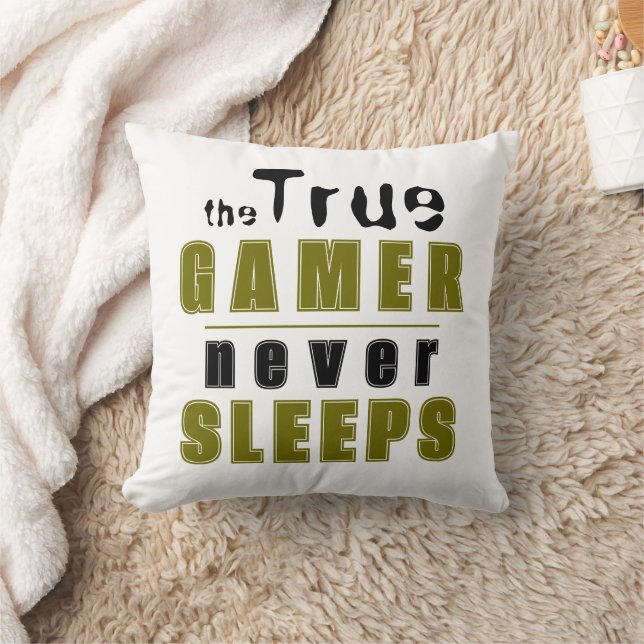 True Gamer never Sleeps Typography Cool Gamer Throw Pillow (Blanket)