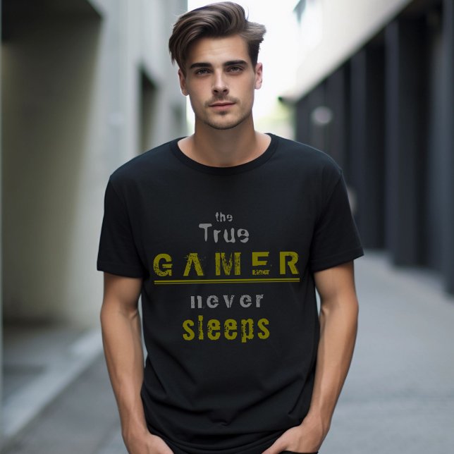 True Gamer never Sleeps Typography Gamer T-Shirt (Creator Uploaded)