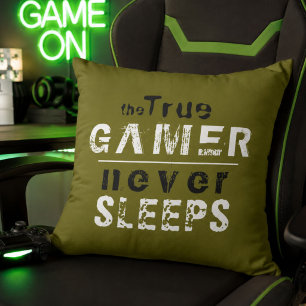 True Gamer Never Sleeps Typography Gamer Throw Pillow
