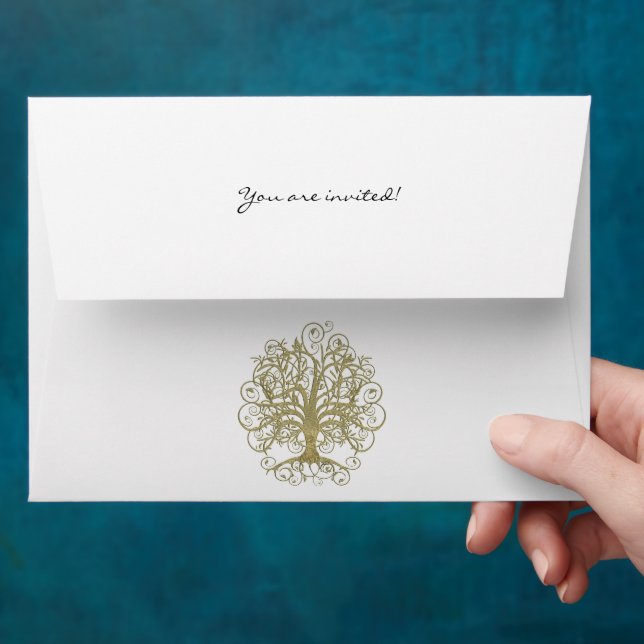 True Gold Tree Swirl Wedding Envelopes (Hand)