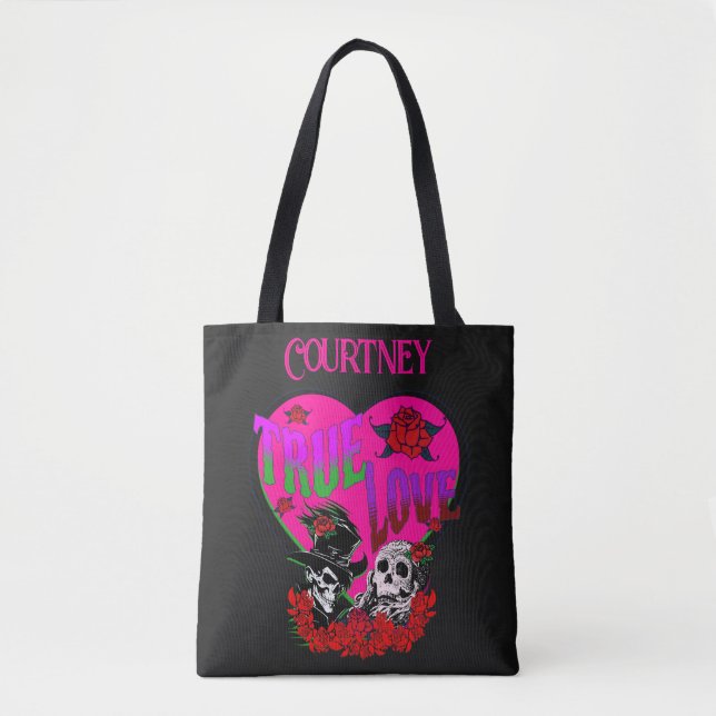 True Love Black & Pink Skull Couple Custom Tote Bag (Front)