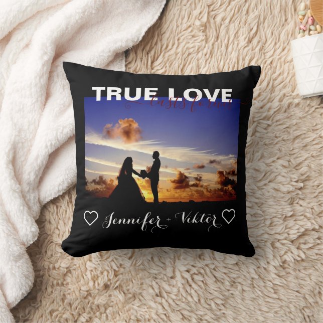 True Love Forever Couple Heart Photo Black White Throw Pillow (Blanket)