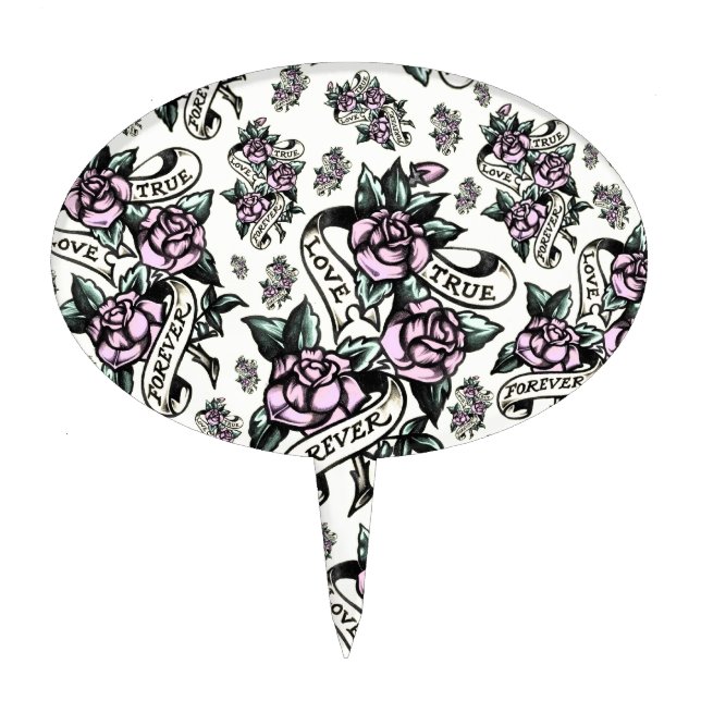 True Love Forever  Tattoo Style art in yellow. Cake Topper (Front)