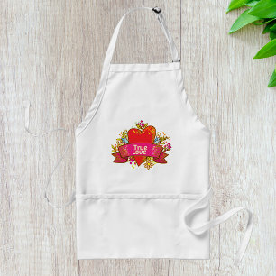 True Love Heart Ribbon with Floral Elements Adult Apron