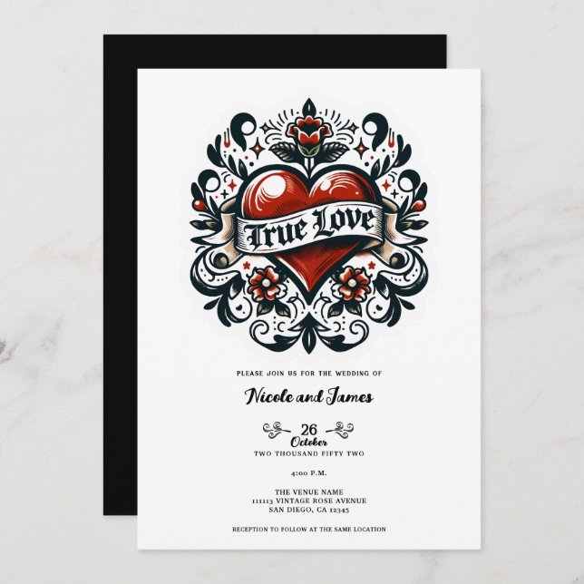 True Love Heart Tattoo Look Wedding  Invitation (Front/Back)