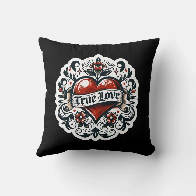 True Love Heart Tattoo Sticker Style Artistic  Throw Pillow (Back)