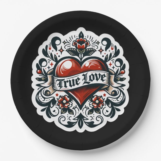 True Love Heart Tattoo Sticker Wedding Engagement  Paper Plates (Front)