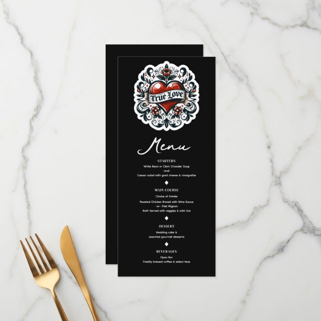 True Love Heart Tattoo Sticker Wedding  Menu (Front/Back In Situ)
