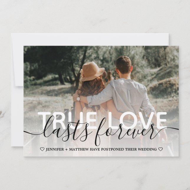 True Love Postponed Wedding Typography Announcement (Front)