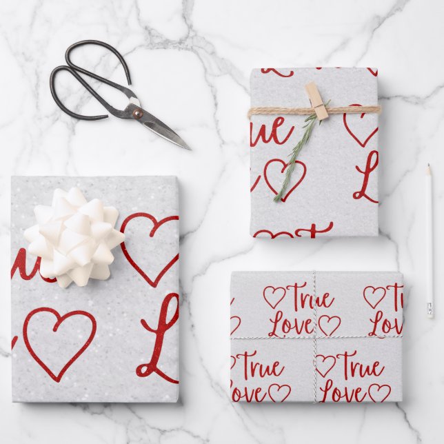 True Love Red Glitter Valentine's Wrapping Paper (Front)