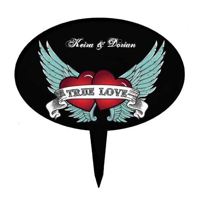 True Love Rockabilly Winged Heart Cake Topper (Front)