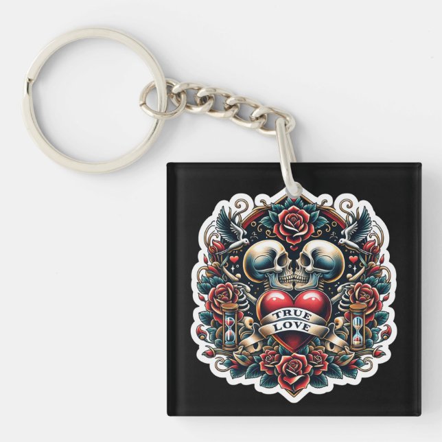 True Love Skeleton Heart Tattoo Look Keychain (Front)