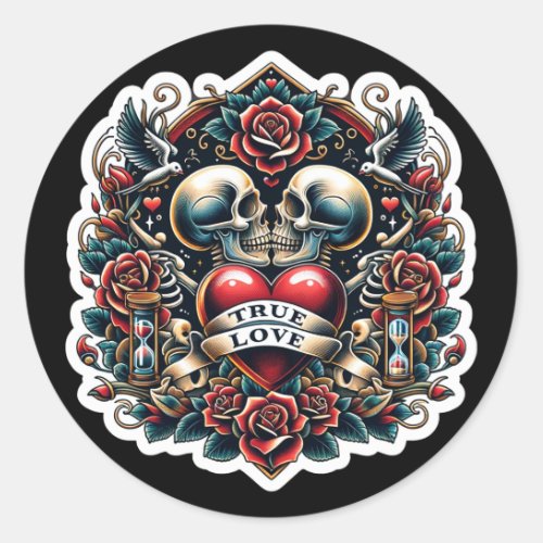 True Love Skeleton Heart Tattoo Wedding Classic Round Sticker