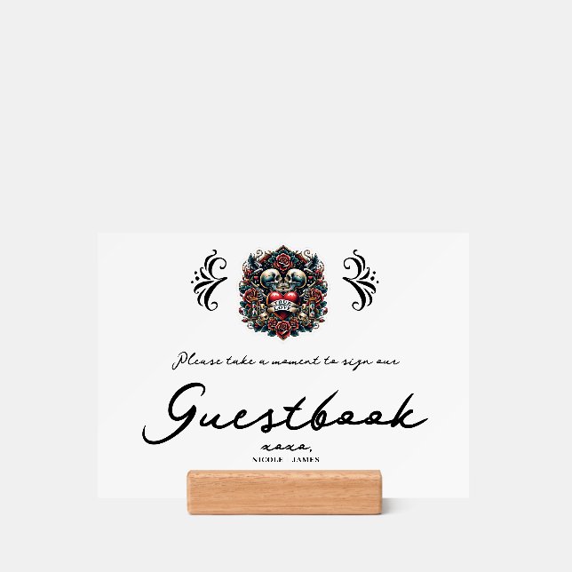True Love Skeleton Heart Tattoo Wedding Guestbook  Holder (Woodblock)
