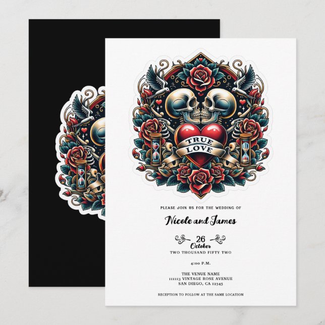 True Love Skeleton Heart Tattoo Wedding Invitation (Front/Back)