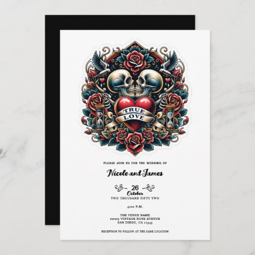 True Love Skeleton Heart Tattoo Wedding Invitation