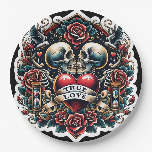 True Love Skeleton Heart Tattoo Wedding Paper Plates (Front)