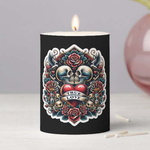 True Love Skeleton Heart Tattoo Wedding  Pillar Candle