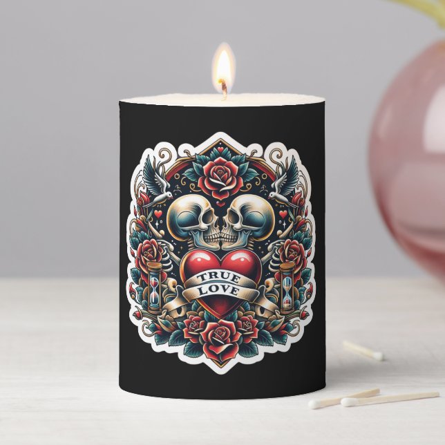True Love Skeleton Heart Tattoo Wedding  Pillar Candle (In Situ)