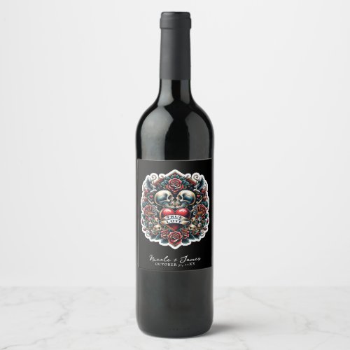 True Love Skeleton Heart Tattoo Wedding Wine Label