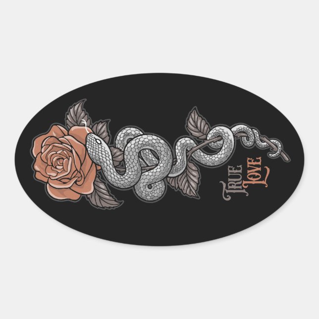 TRUE LOVE Snake on Rose Oval Sticker (Front)