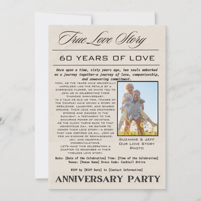 True Love Story 60th Anniversary Party Photo Invitation (Front)