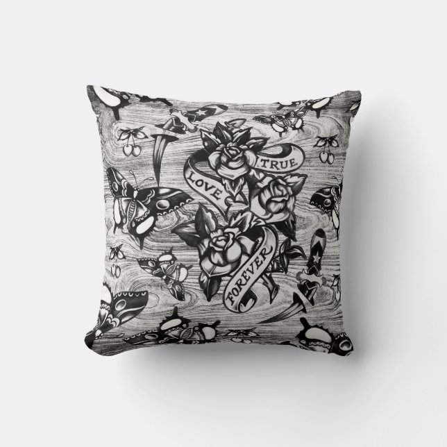 True Love Surfabilly tattoo pillow in grey. (Front)