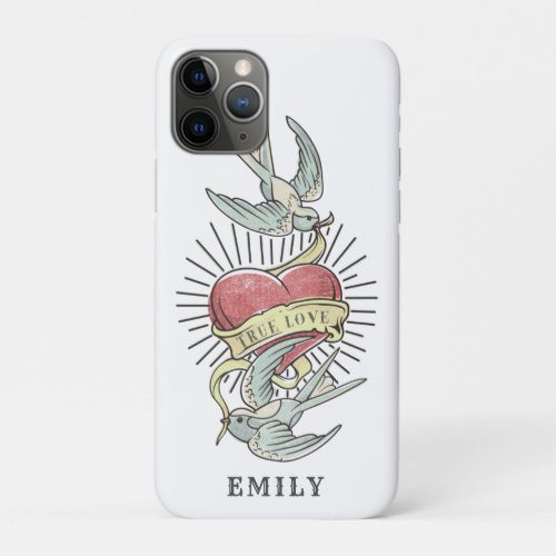 True Love  Vintage Tattoo Birds with Heart iPhone 11 Pro Case