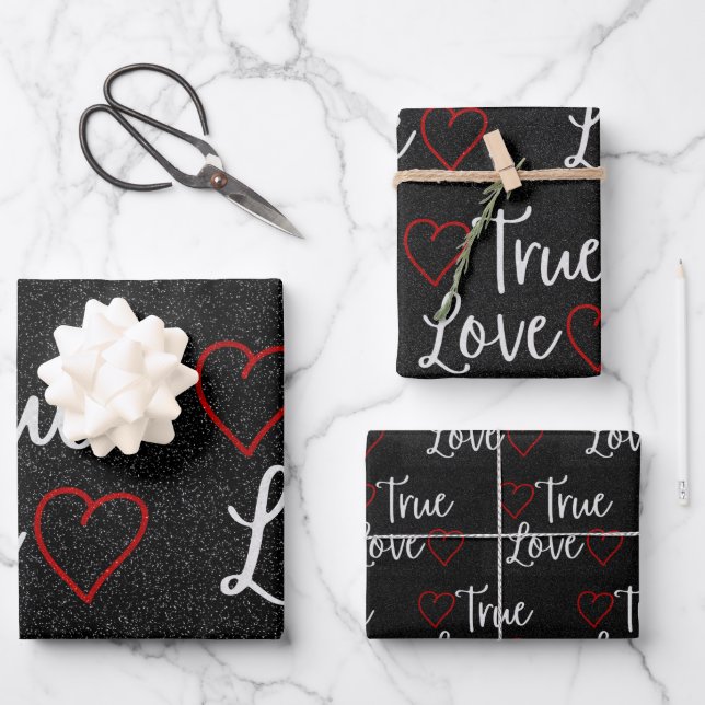 True Love White Glitter Valentine's Wrapping Paper Sheets (Front)
