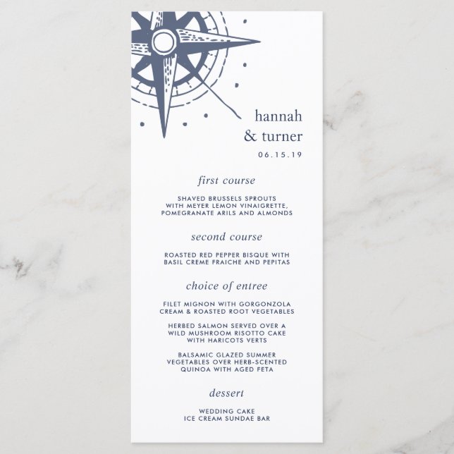 True North | Nautical Compass Wedding Menu Card (Front)