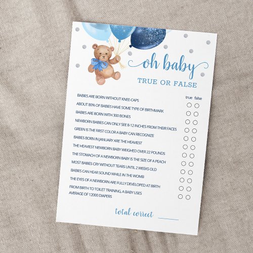 True Or False Facts Baby Shower Party Game Card