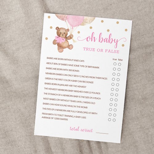 True Or False Facts Baby Shower Party Game Card