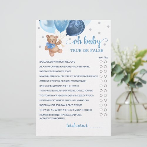 True Or False Facts Game Baby Shower Teddy Bear 